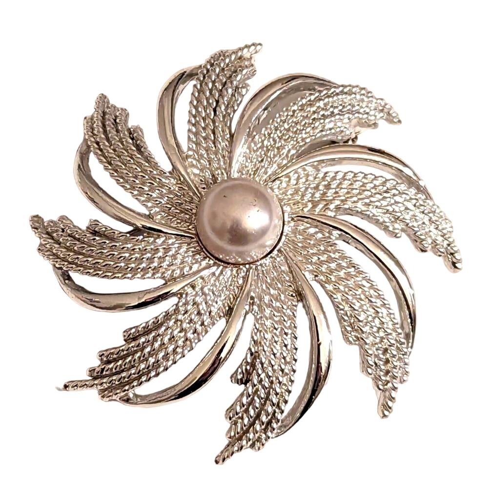 Vintage 70s Sarah Coventry Silver Tone Silvery Sunburst Faux Pearl Floral Brooch